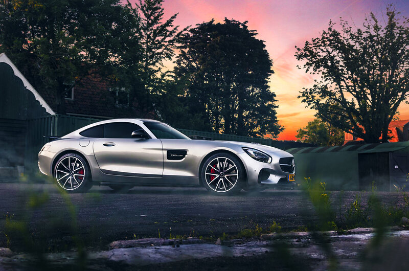 Silver Sports Car — Dramatic, Sunset, Photograph, Trees, Building