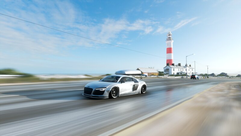 Silver Sports Car — Dynamic, Afternoon, 3d Render, Lighthouse