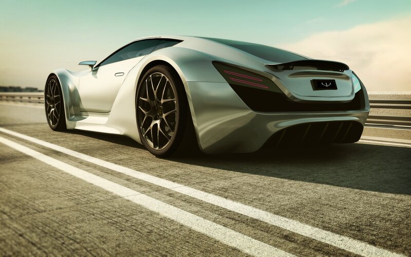 Silver Sports Car — Dynamic, Afternoon, 3d Render, Road, Sky