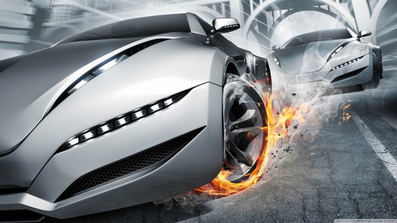 Silver Sports Car — Gray, Dramatic, 3d Render, Fire