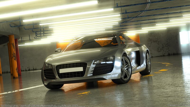 Silver Sports Car — Gray, Dramatic, 3d Render, Parking Garage