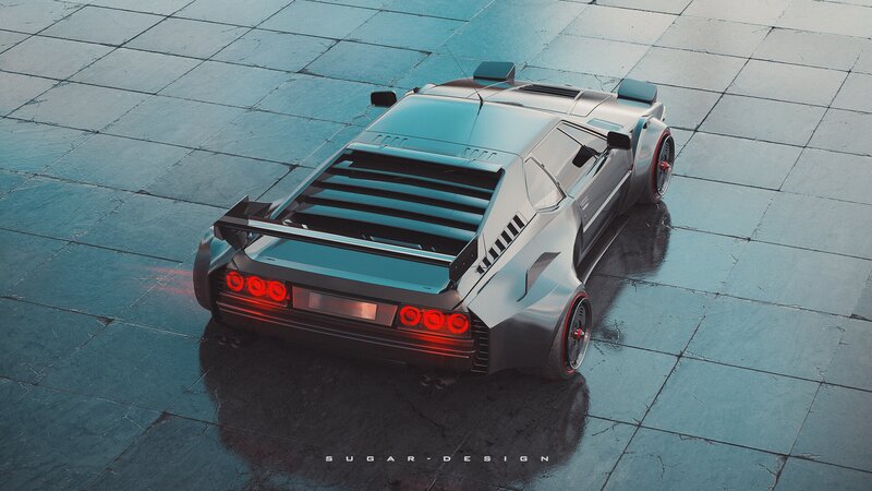 Silver Sports Car — Gray, Dramatic, 3d Render, Tiled Floor