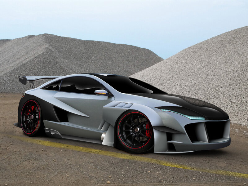 Silver Sports Car — Gray, Dramatic, Afternoon, 3d Render, Gravel Piles
