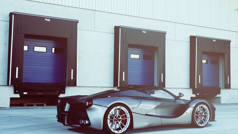 Silver Sports Car — Gray, Dramatic, Afternoon, Photograph, Garage Doors