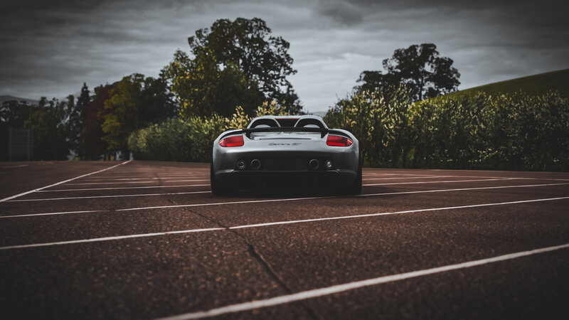 Silver Sports Car — Gray, Dramatic, Afternoon, Photograph, Road, Trees, Hedge