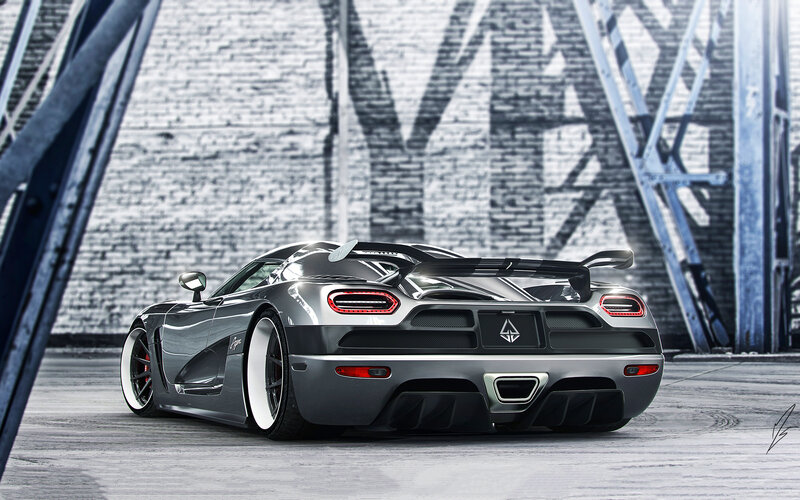 Silver Sports Car — Gray, Dramatic, Digital Art, Brick Wall