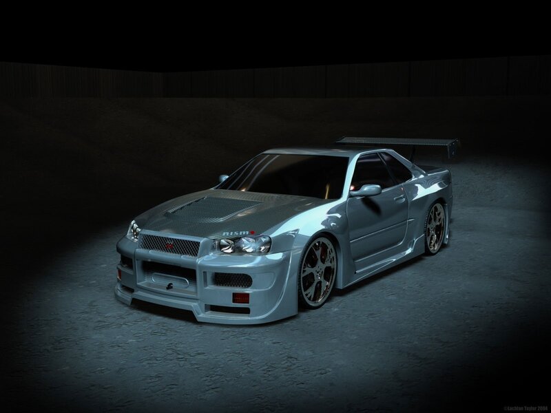 Silver Sports Car — Gray, Dramatic, Night, 3d Render, Carbon Fiber Hood