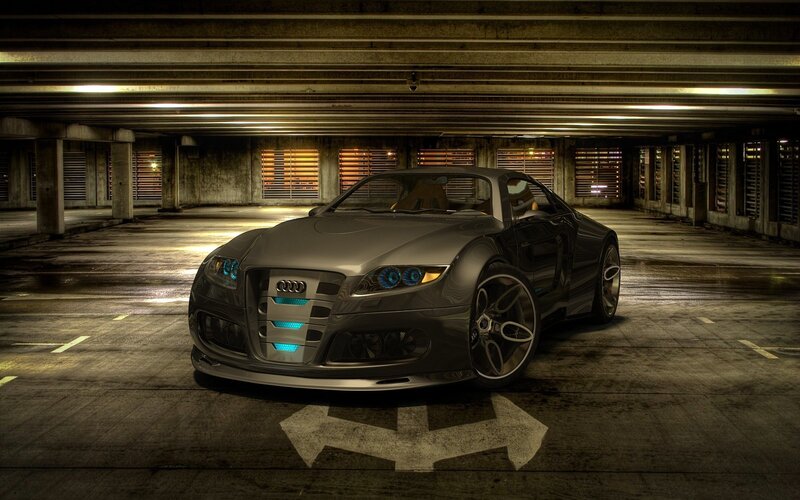 Silver Sports Car — Gray, Dramatic, Night, 3d Render, Parking Garage