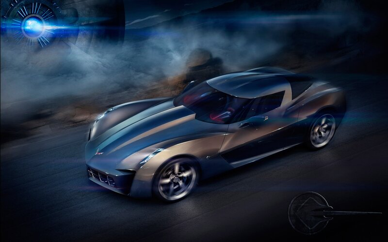 Silver Sports Car — Gray, Dramatic, Night, Digital Art, Smoke, Light Beam, Road, Blue