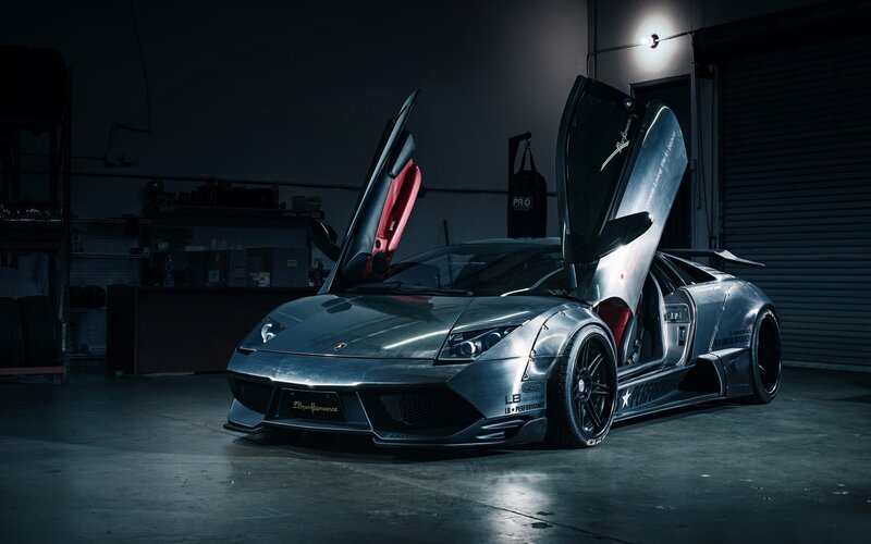 Silver Sports Car — Gray, Dramatic, Night, Photograph, Garage, Door Open
