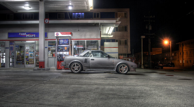 Silver Sports Car — Gray, Dramatic, Night, Photograph, Gas Station