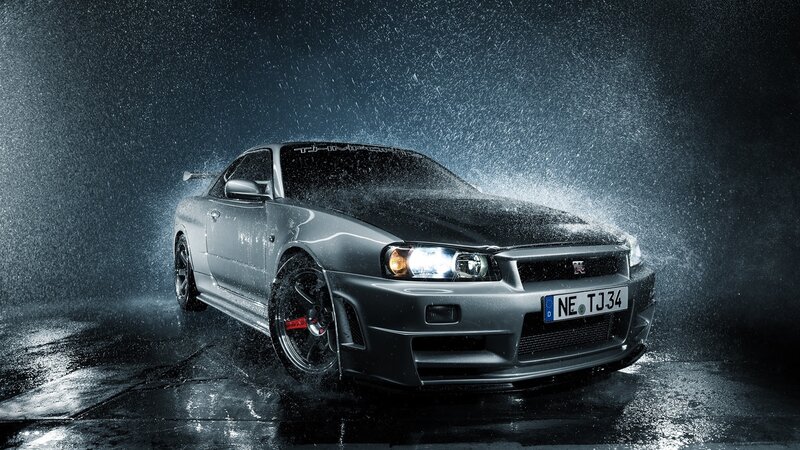 Silver Sports Car — Gray, Dramatic, Night, Photograph, Rain, Headlights, Wet Ground