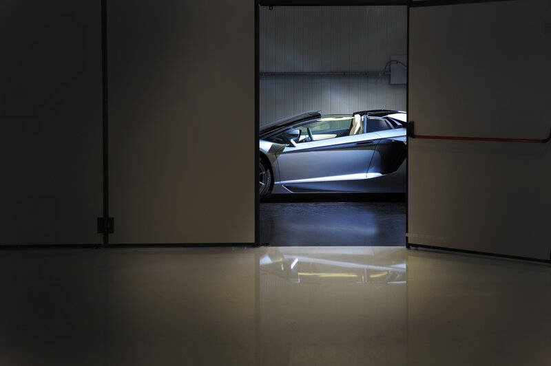 Silver Sports Car — Gray, Dramatic, Photograph, Garage, Door, Black, White