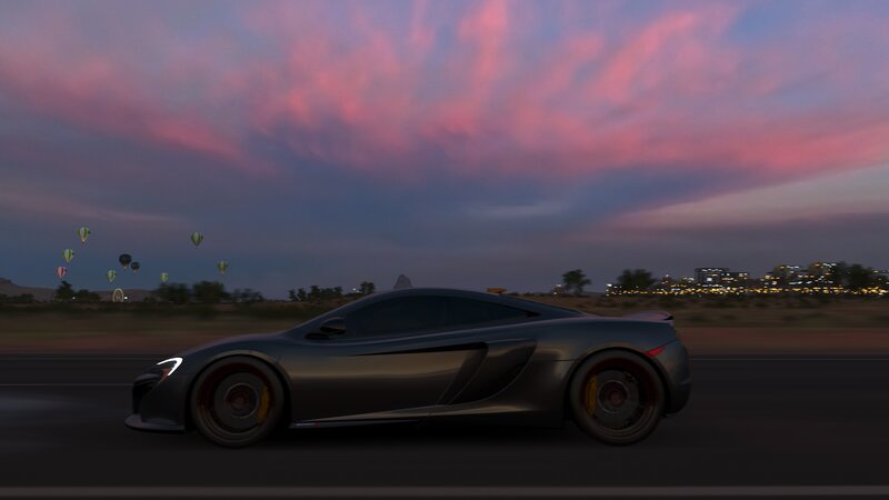 Silver Sports Car — Gray, Dramatic, Sunset, 3d Render, Hot Air Balloons