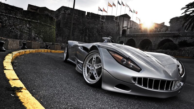 Silver Sports Car — Gray, Dramatic, Sunset, Photograph, Castle, Flags