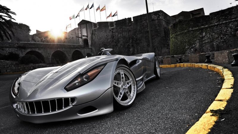 Silver Sports Car — Gray, Dramatic, Sunset, Photograph, Castle, Flags, Yellow Curb