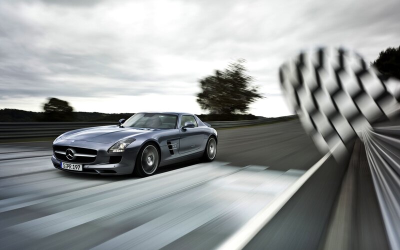 Silver Sports Car — Gray, Dynamic, Photograph, Race Track, Checkered Flag, Trees