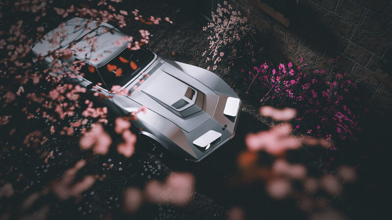 Silver Sports Car — Gray, Serene, Spring, 3d Render, Flowers