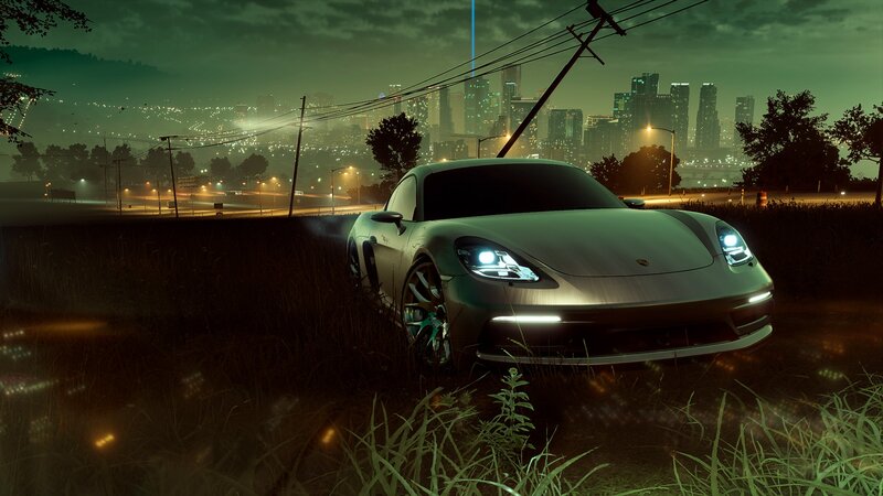 Silver Sports Car — Green, Dramatic, Night