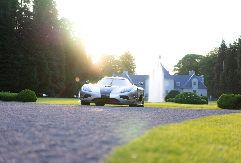 Silver Sports Car — Green, Serene, Sunset, Photograph