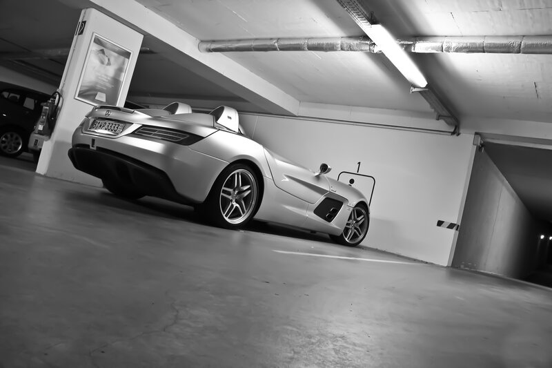 Silver sports car in garage