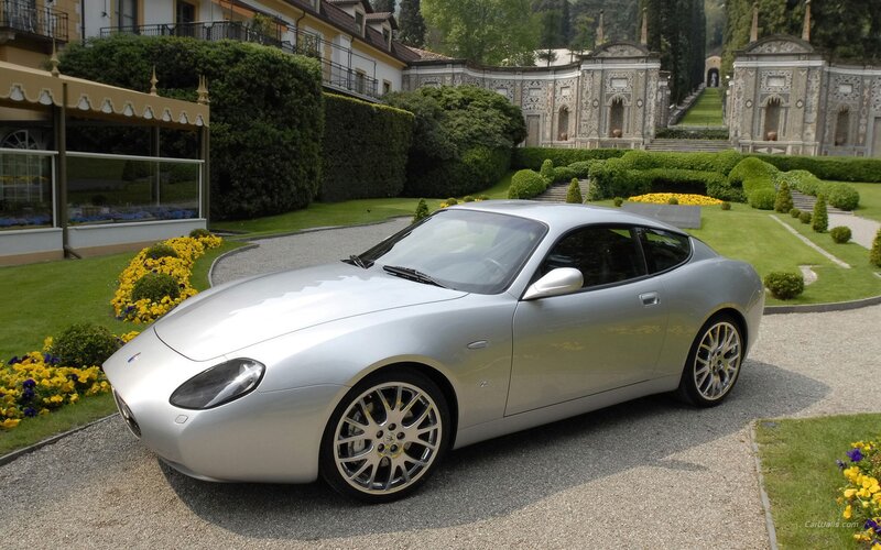 Silver sports car in garden