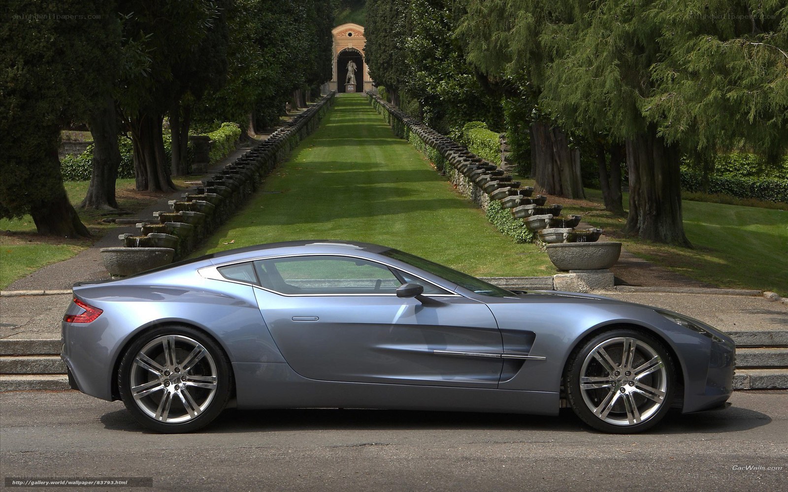 Silver sports car in garden