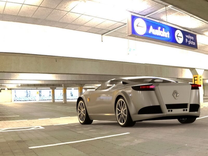 Silver sports car in parking garage