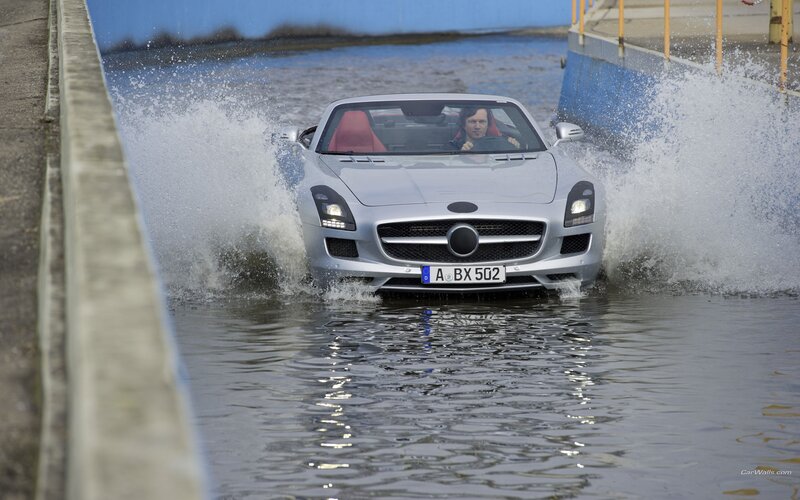 silver sports car in water