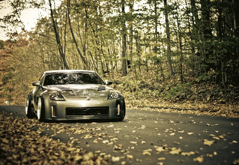 Silver sports car on a forest road