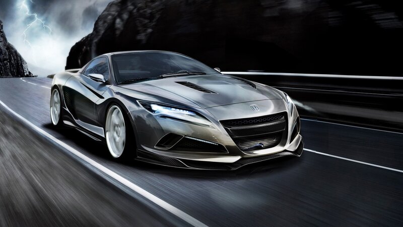 Silver sports car on a stormy road