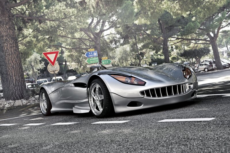 Silver sports car on a tree-lined road