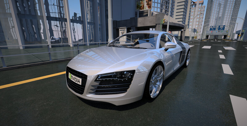 Silver sports car on city street