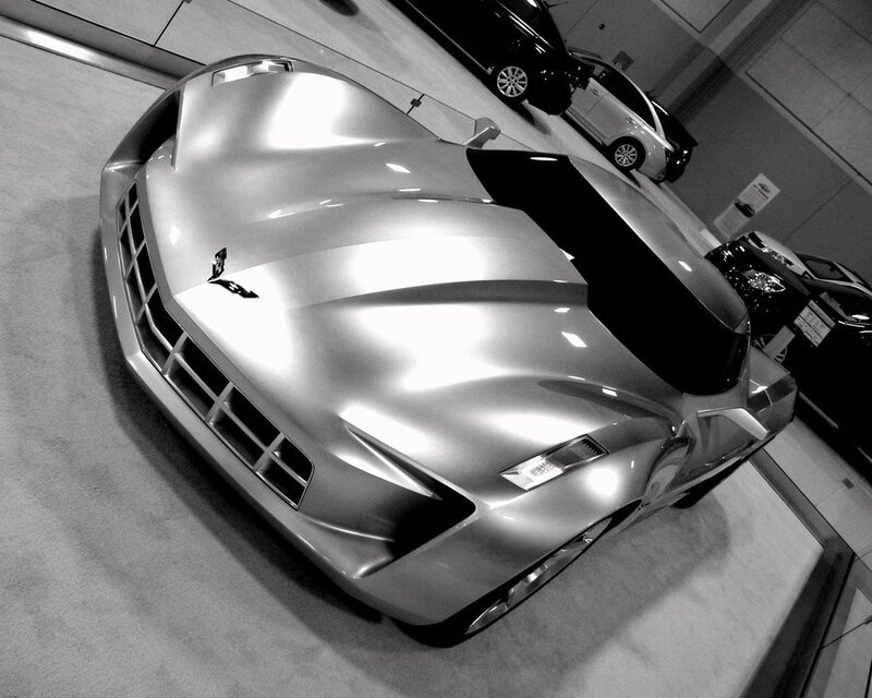 Silver sports car on display
