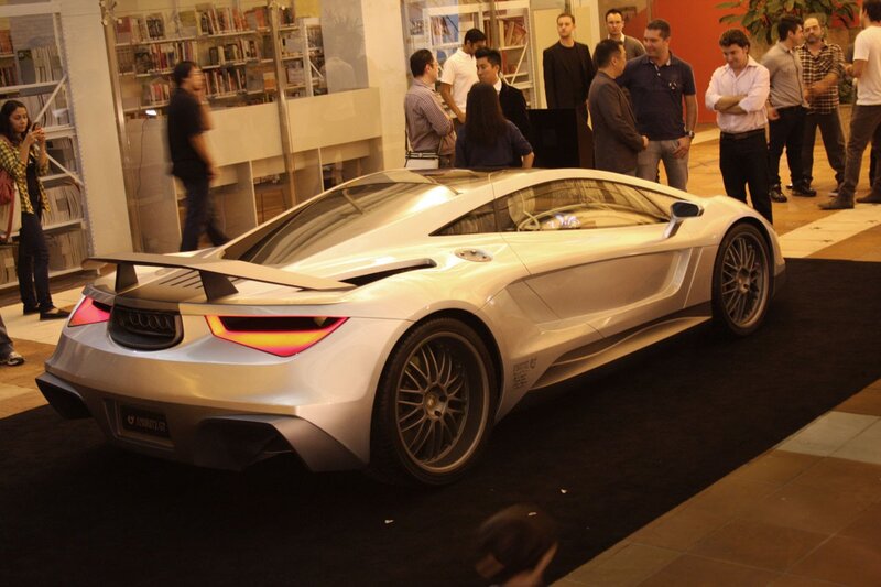 Silver sports car on display