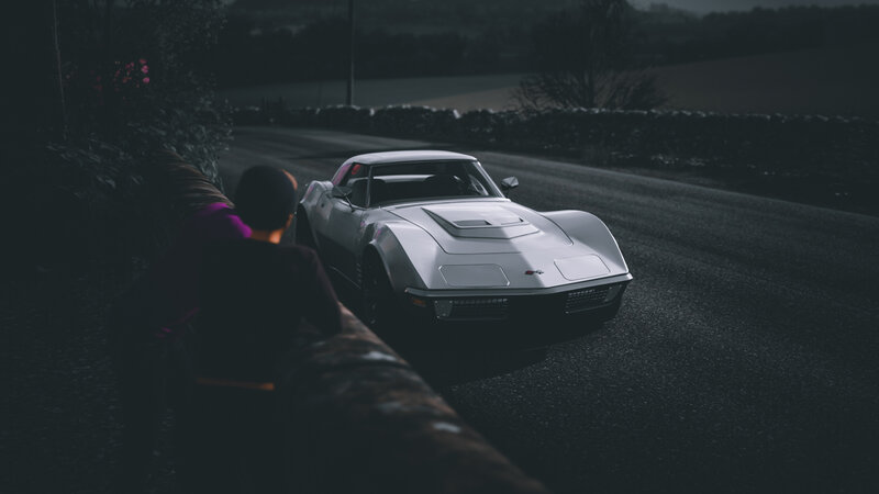 Silver Sports Car on Road — Gray, Dark