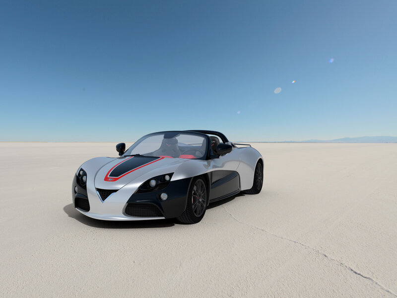 Silver sports car on salt flat