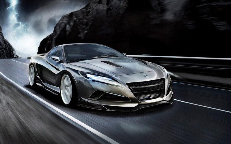 Silver sports car on stormy road