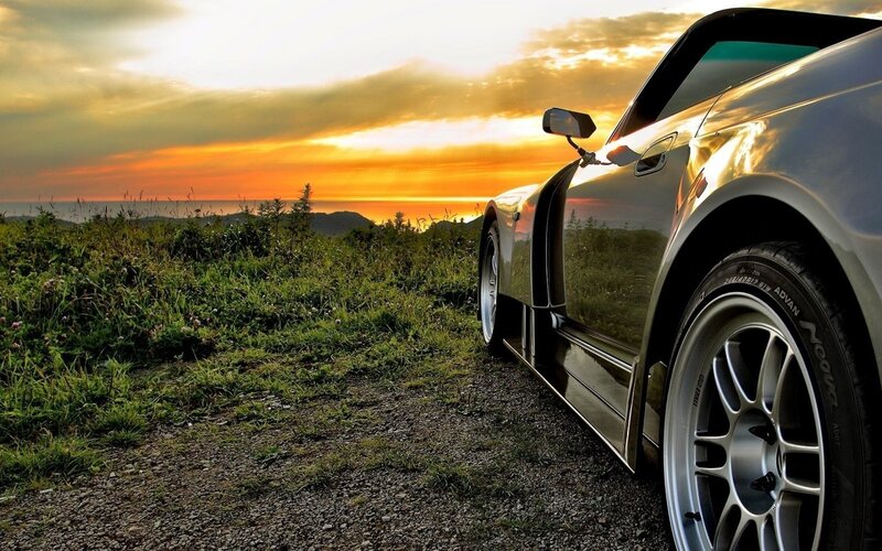 Silver Sports Car — Orange, Dramatic, Sunset, Photograph, Grass