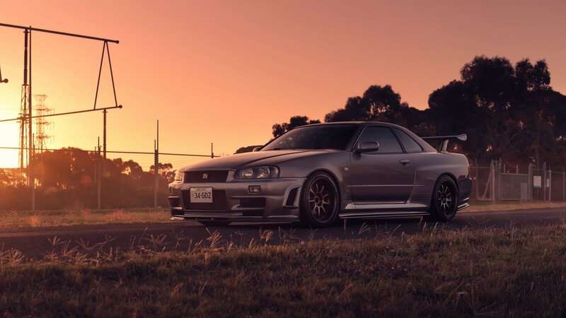 Silver Sports Car — Orange, Dramatic, Sunset, Photograph