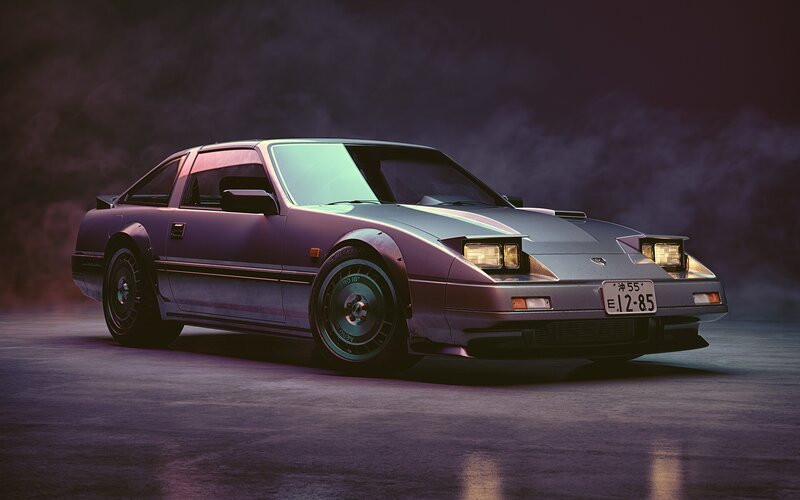 Silver Sports Car — Purple, Dramatic, Night, 3d Render