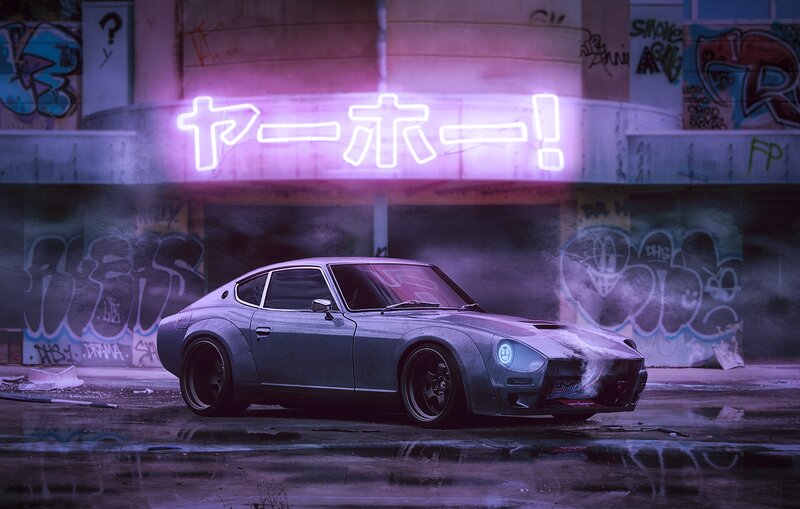 Silver Sports Car — Purple, Dramatic, Night, Digital Art, Neon Sign