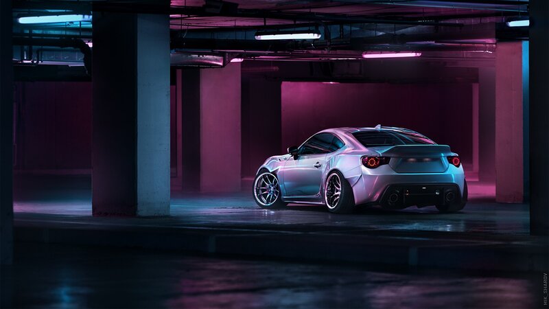 Silver Sports Car — Purple, Dramatic, Night, Digital Art, Parking Garage