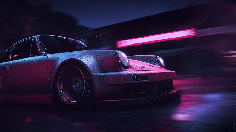 Silver Sports Car — Purple, Dramatic, Night