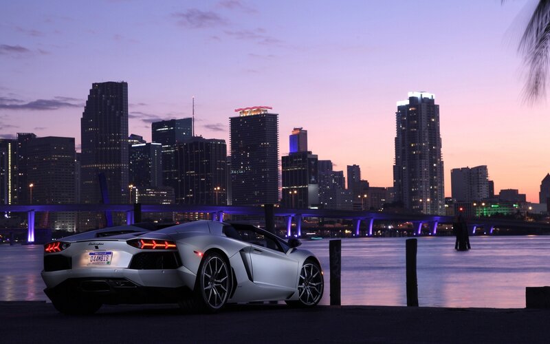 Silver Sports Car — Purple, Dramatic, Sunset