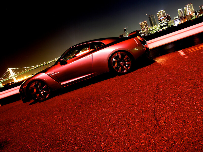 Silver Sports Car — Red, Dramatic, Night