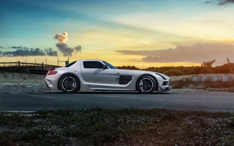 Silver Sports Car — White, Dramatic, Sunset, Photograph, Road, Sky, Clouds