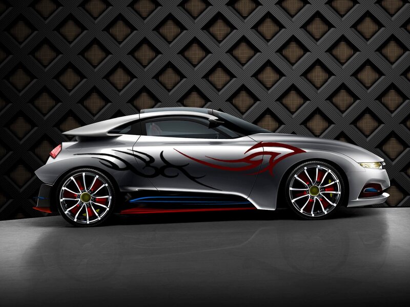 silver sports car with flame decals