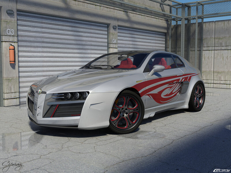Silver sports car with red decals