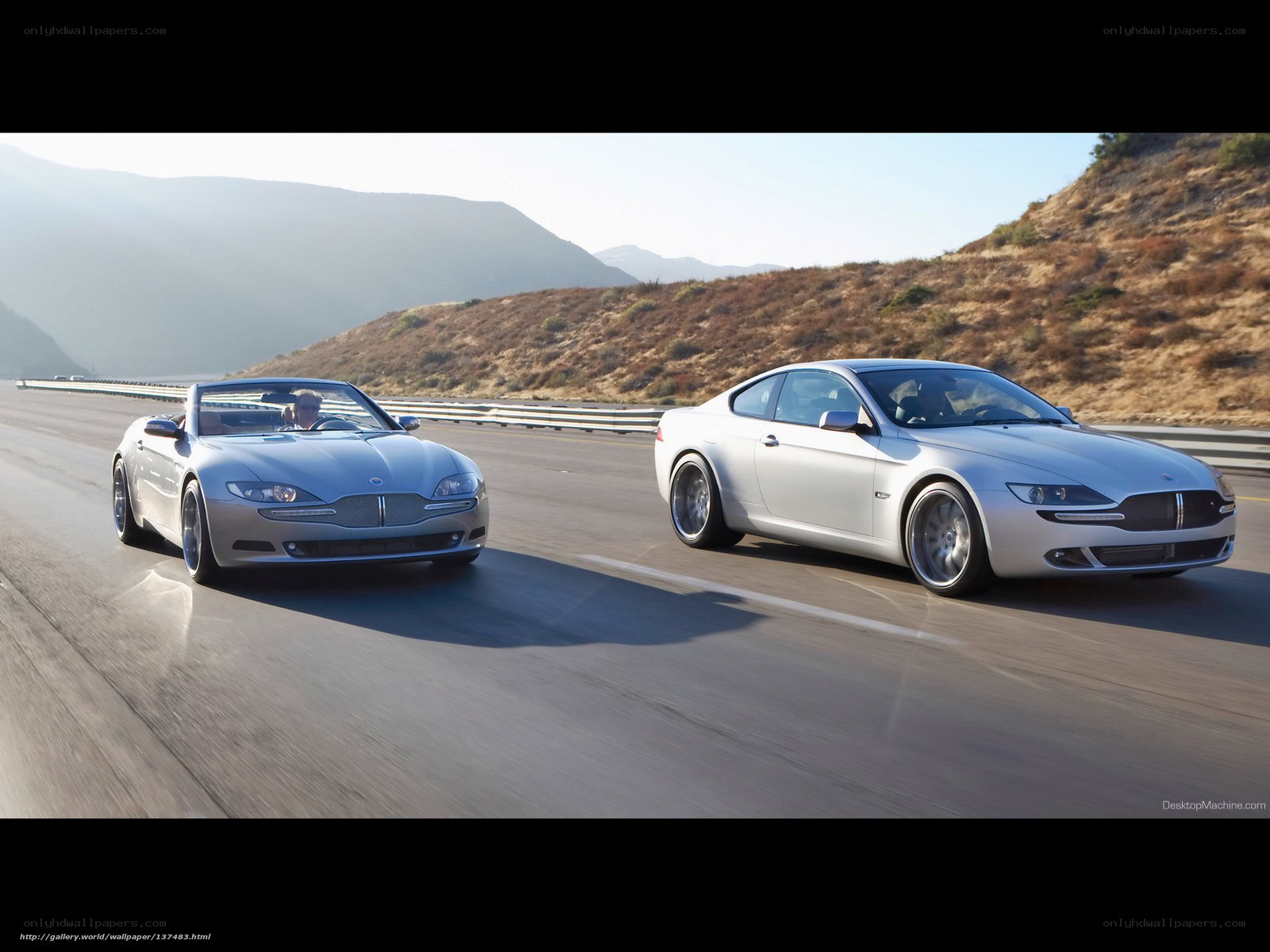 Silver sports cars on a road